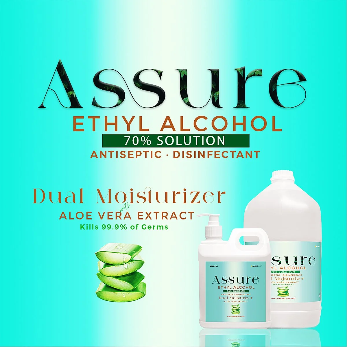 Label for Assure Ethyl Alcohol 70% solution, claiming antiseptic and disinfectant properties, with dual moisturizer containing aloe vera extract, and an image of aloe vera slices.
