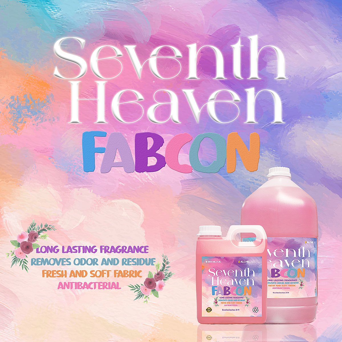 Advertisement for Seventh Heaven BACON fabric softener in pink bottles featuring pastel-colored text and floral graphics, highlighting long-lasting fragrance, odor removal, residue removal, soft fabric, and antibacterial properties.
