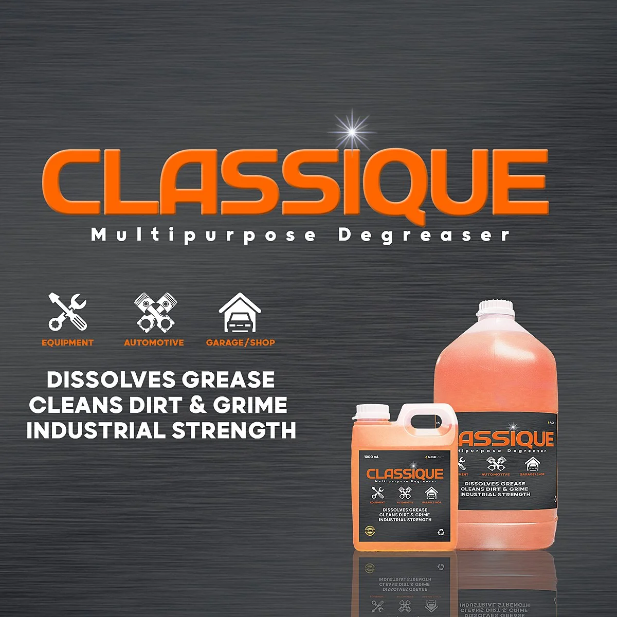Image of Classique multipurpose degreaser bottles with labels indicating its use for dissolving grease, cleaning dirt and grime with industrial strength, intended for equipment, automotive, and garage or shop cleaning.