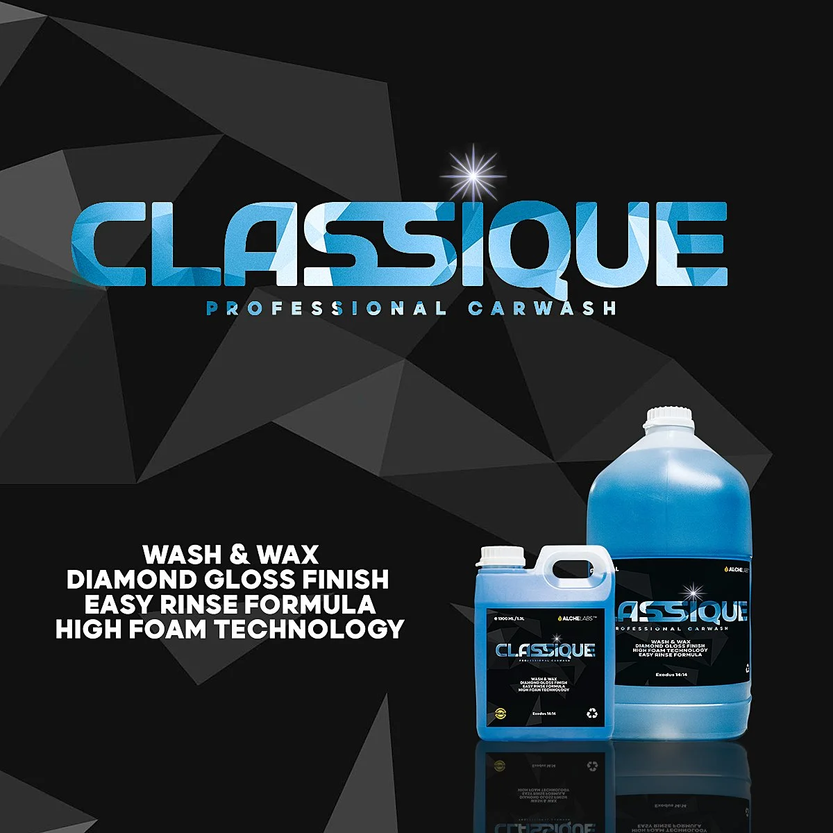 Product image of Classeque Professional Car Wash cleaning solution in large blue bottles, highlighted on black background with geometric design, showcasing features like wash and wax, diamond gloss finish, easy rinse formula, and high foam technology
