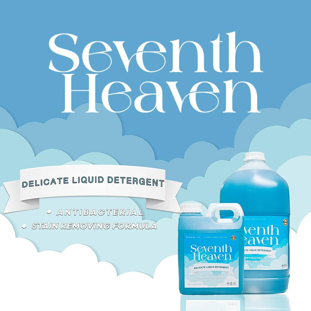 Two bottles of Seventh Heaven delicate liquid detergent with blue sky and clouds background and product description.