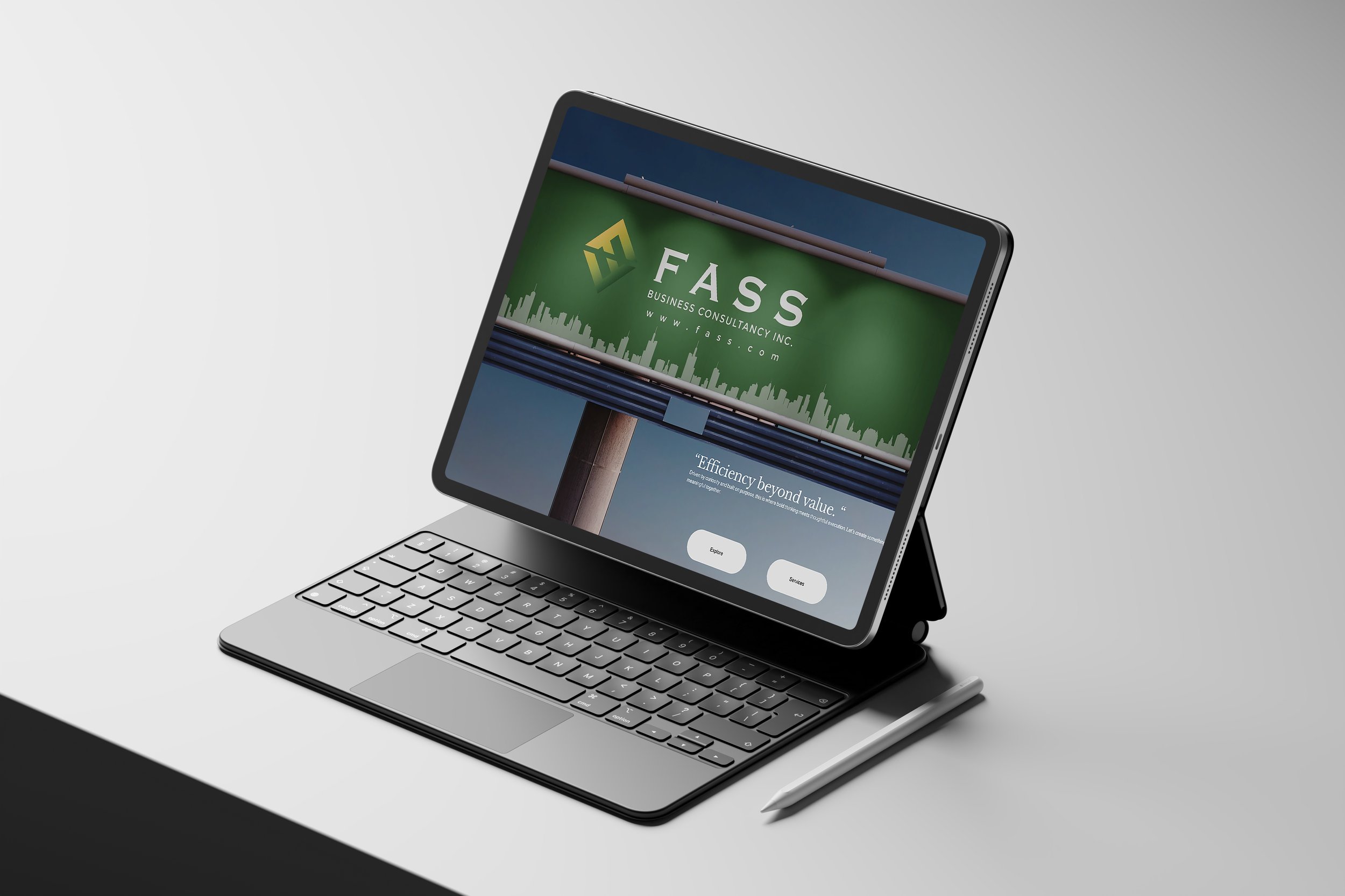 A tablet with a detachable keyboard and stylus showing a webpage for FASS Business Consultancy Inc. with a green billboard background and a city skyline, on a white desk.