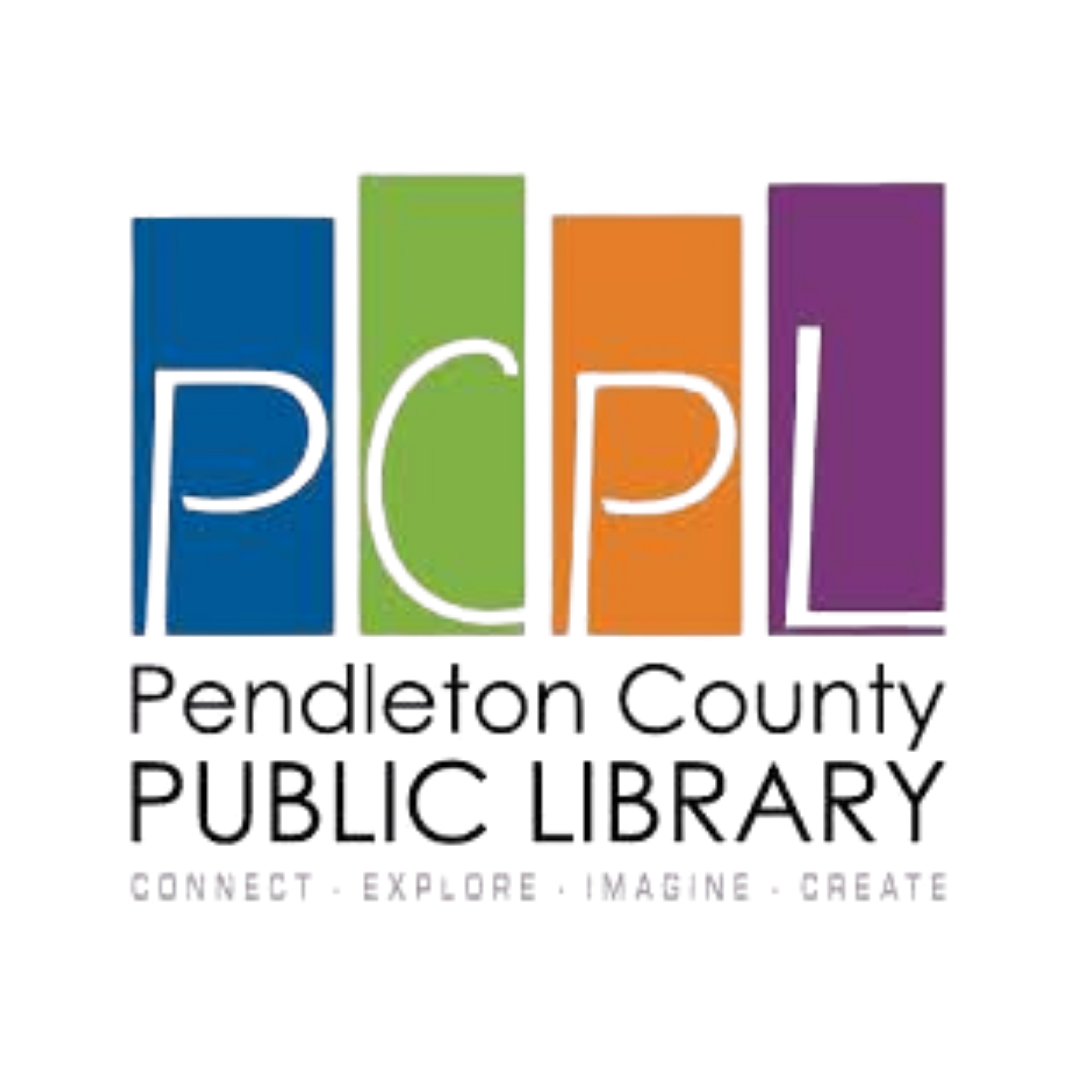 Pendleton County Public Library logo featuring the acronym PCPL with each letter on a separate coloured rectangle in blue, green, orange and purple, styled to resemble book spines on a shelf
