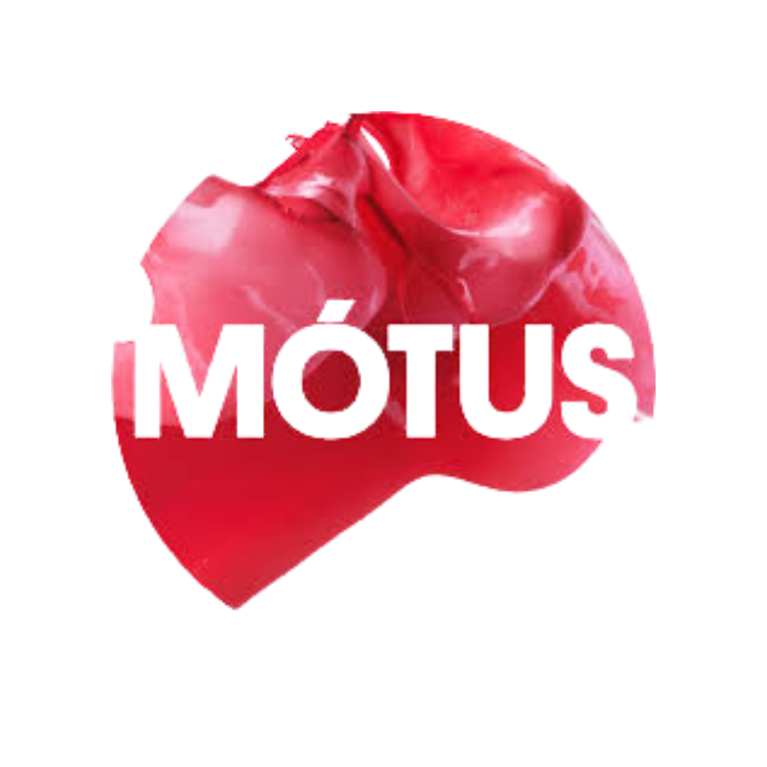 Mótus logo featuring the organisation name in bold black capitals overlaid on an abstract sculptural red and pink form resembling folded or twisted material