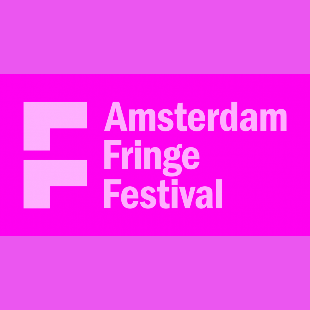 Amsterdam Fringe Festival logo featuring a bold magenta background with the organisation name in large pink sans-serif type, alongside a stylised pink letter F mark made of two stacked rectangular blocks