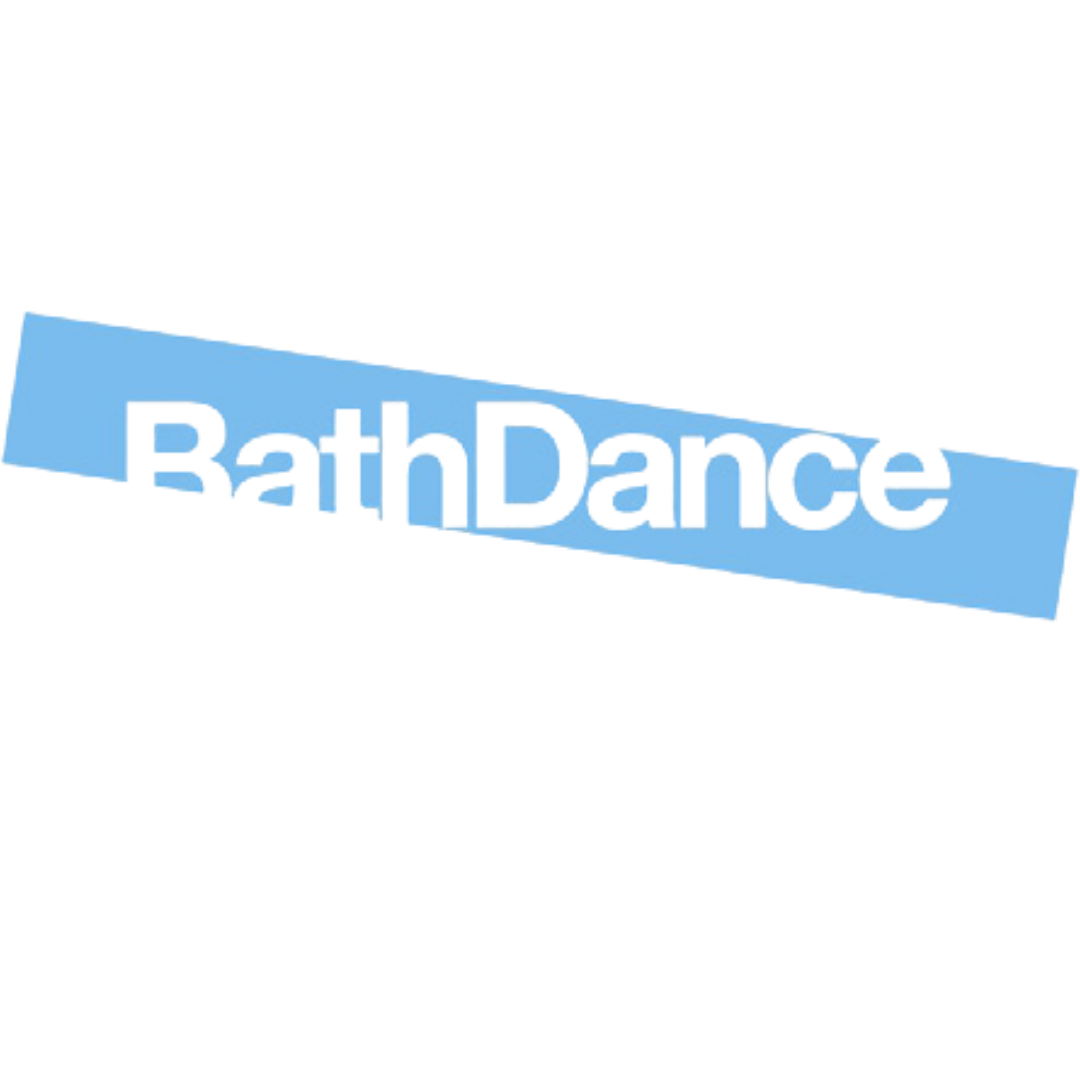 Bath Dance logo with the words “BathDance” in black text set across a light blue, angled banner.