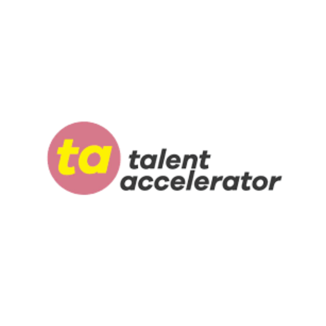 Talent Accelerator logo featuring a pink circle with a bold yellow ta monogram, alongside the organisation name in dark grey lowercase sans-serif type