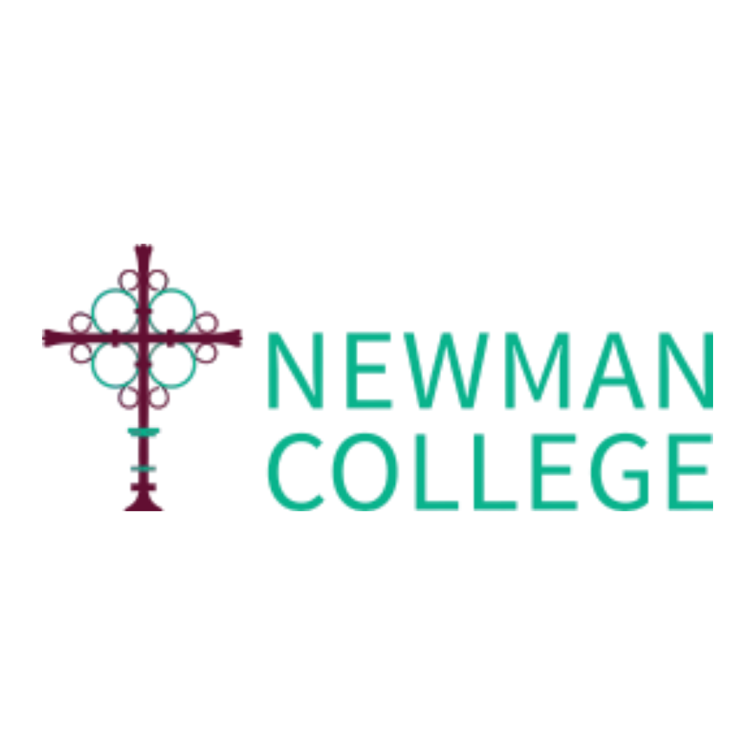 Newman College logo featuring an ornate decorative cross in crimson with teal circular details, alongside the college name in large teal sans-serif capitals stacked across two lines
