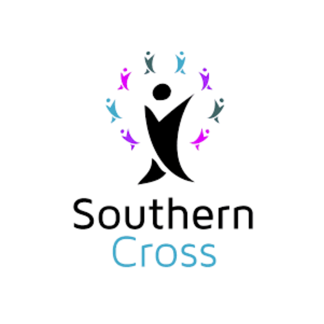 Southern Cross logo featuring a circular arrangement of small human figures in alternating teal and magenta with arms raised, above the word Cross in light blue sans-serif type