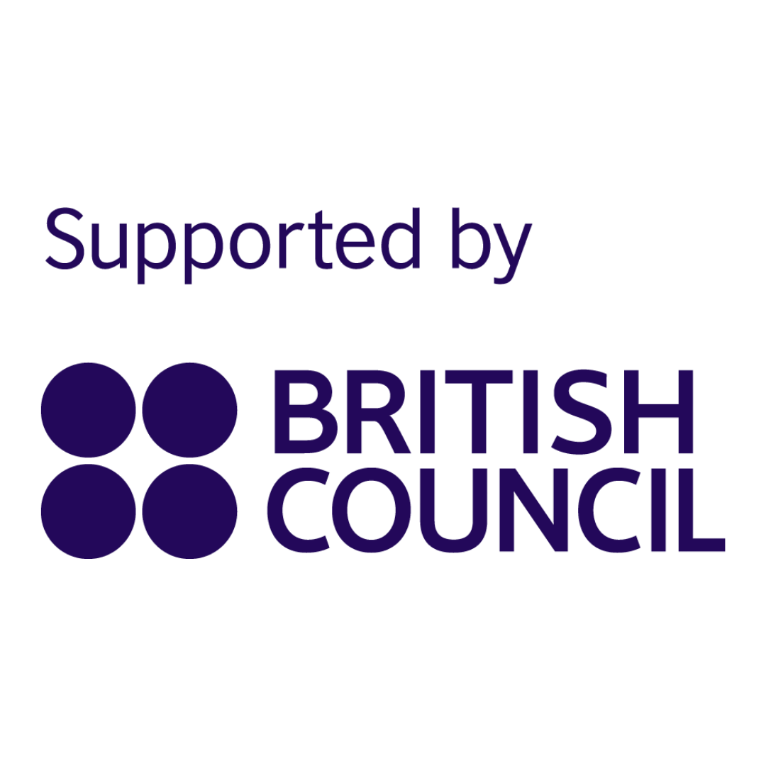 Supported by the British Council logo featuring four purple circles arranged in a two-by-two grid alongside the organisation name in bold purple sans-serif capitals, with the text 'Supported by' above