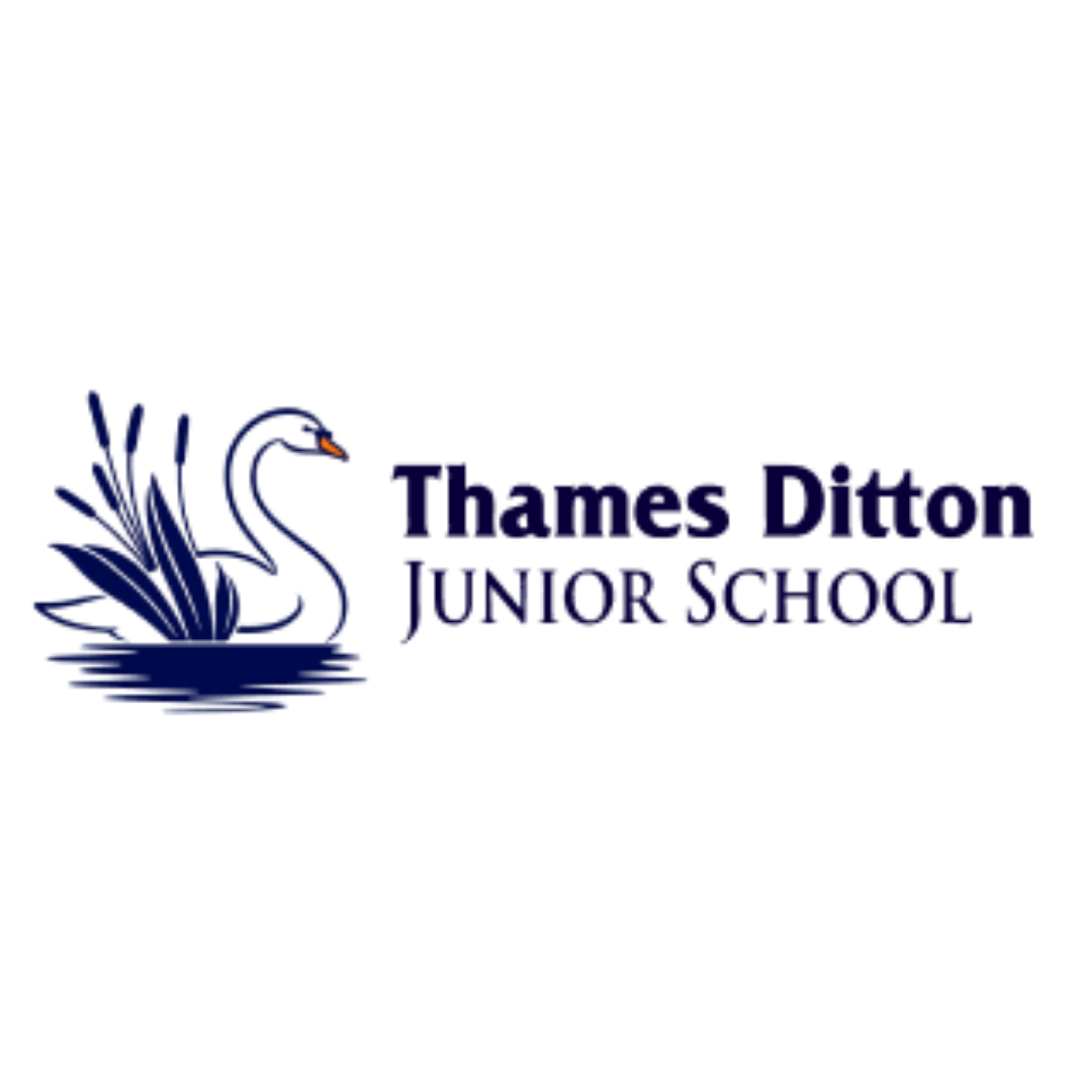Thames Ditton Junior School logo featuring a navy blue illustration of a swan on water among reeds, alongside the school name in purple and navy serif type