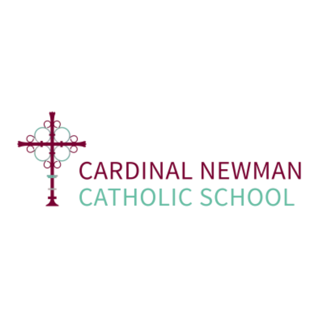 Cardinal Newman Catholic School logo featuring an ornate decorative cross in crimson with teal circular details, alongside the school name in spaced sans-serif capitals with Cardinal Newman in crimson and Catholic School in teal