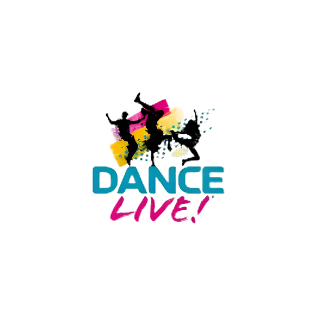 Dance Live! logo featuring silhouettes of dancers with colourful paint splash effects in pink, yellow and teal above the organisation name, with DANCE in bold blue capitals and LIVE! in pink brush-script
