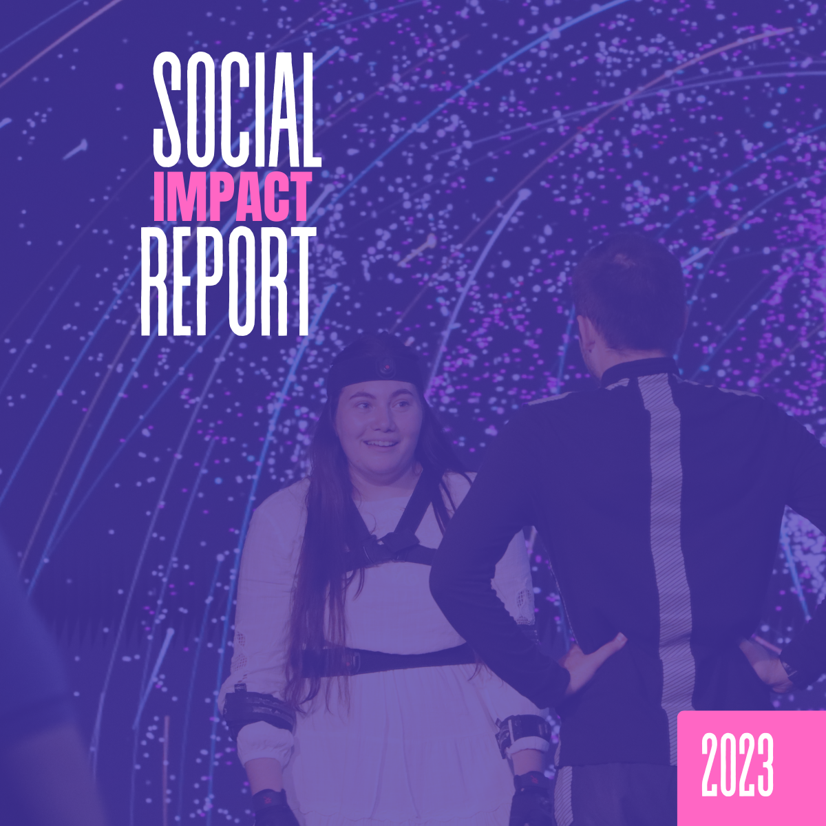 Cover image for the 2023 Social Impact Report showing two people wearing motion capture sensors in an interactive digital environment.