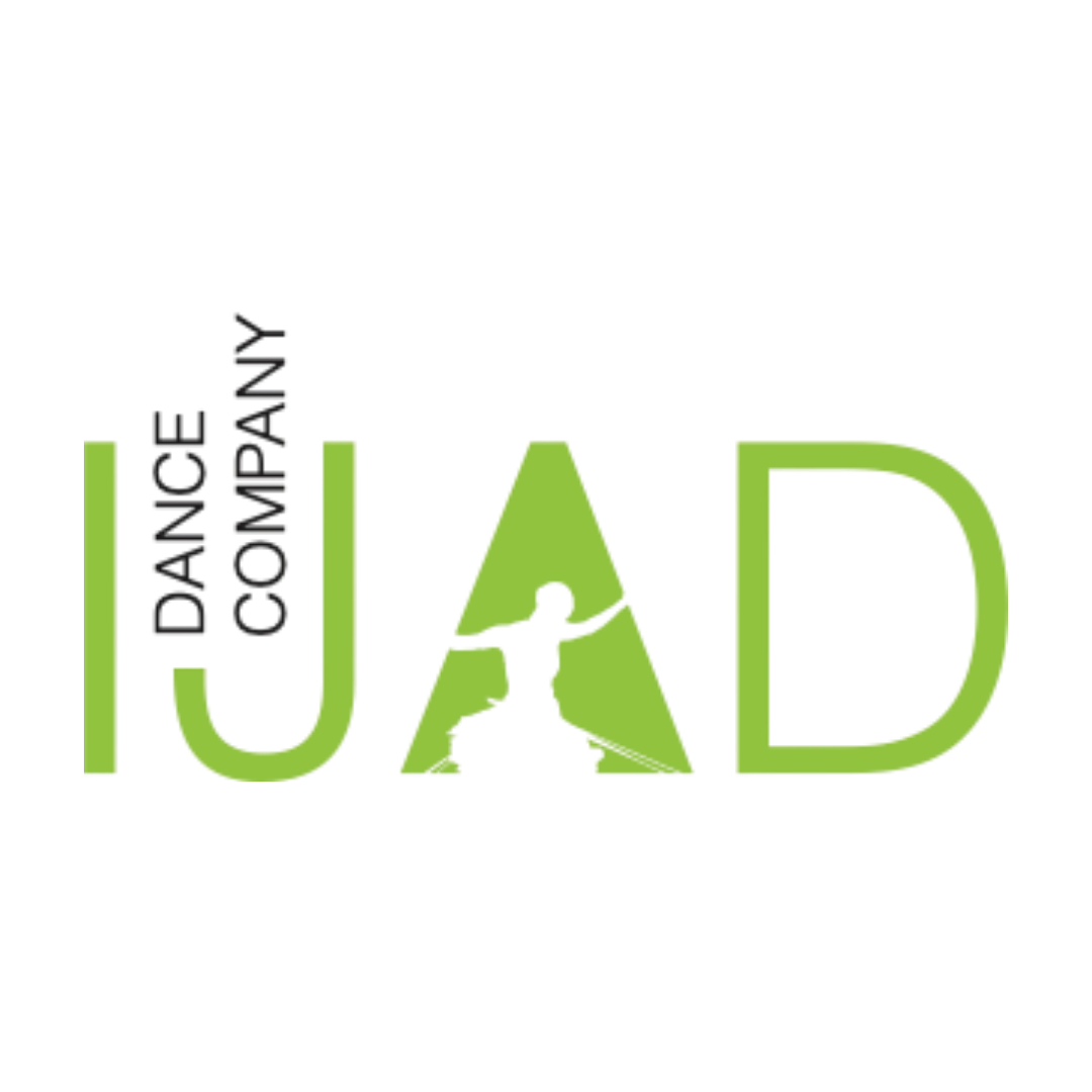 IJAD Dance Company logo featuring the acronym in bold lime green capitals, with a silhouette of a dancer visible within the negative space of the letter A, and Dance Company in small grey type rotated vertically alongside