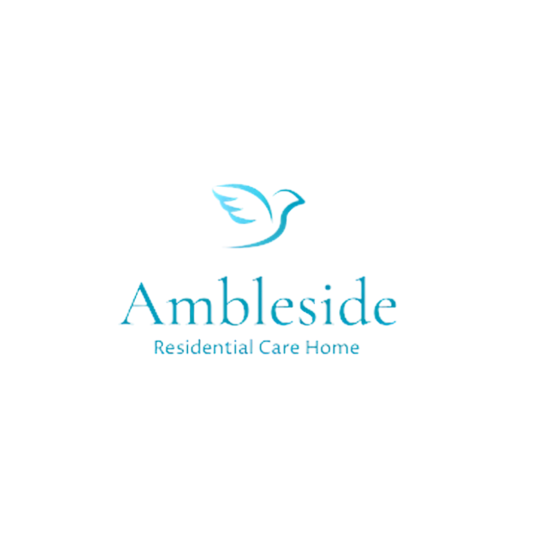 Ambleside Residential Care Home logo featuring a teal outline illustration of a dove in flight above the organisation name in elegant serif typography