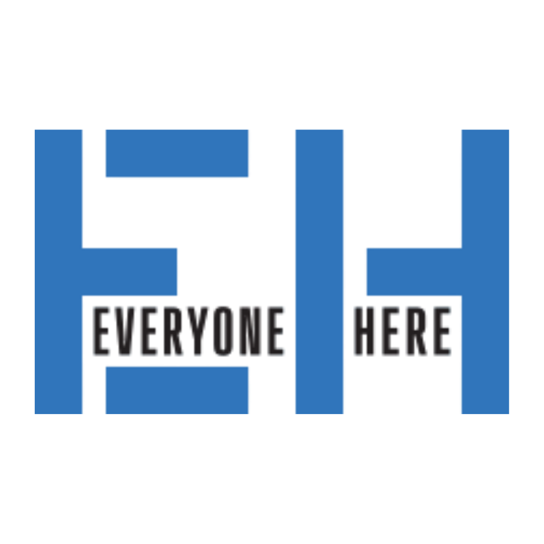 Everyone Here logo featuring a large bold blue EH monogram with the words EVERYONE and HERE in smaller dark capitals set within the negative space between the letters