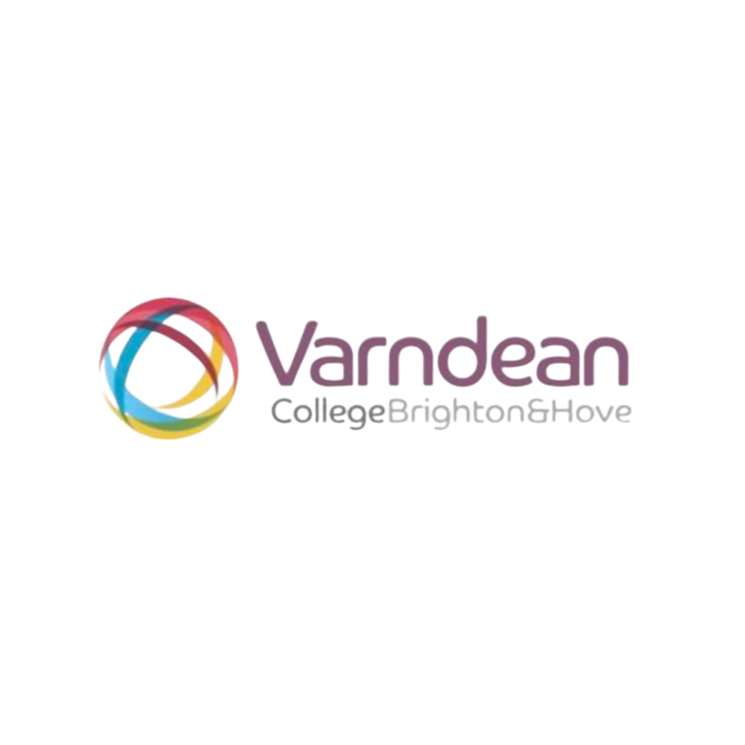 Varndean College Brighton & Hove logo featuring an abstract spherical swirl in pink, blue and yellow suggesting movement and creativity, alongside the college name in purple and grey sans-serif type