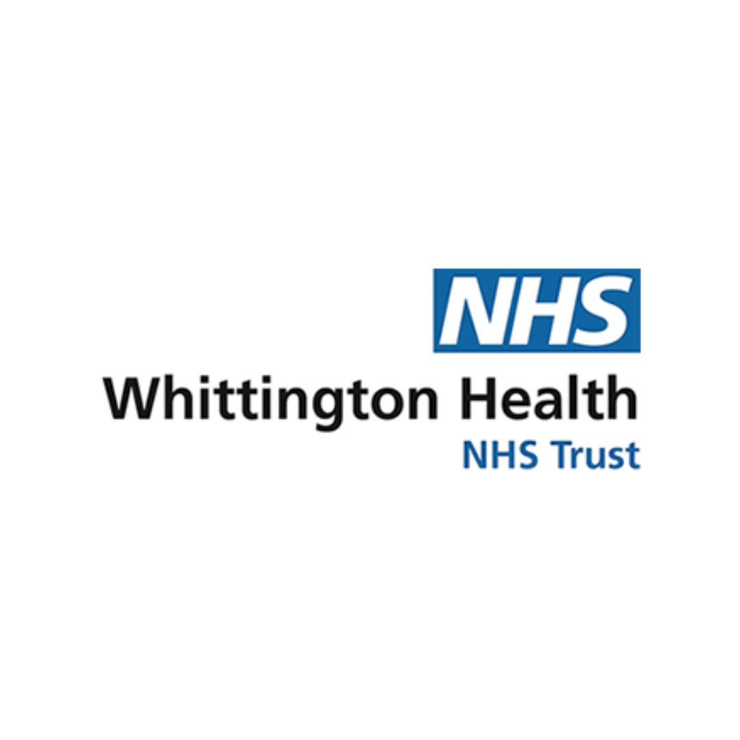 Whittington Health NHS Trust logo featuring the standard NHS blue square with white bold lettering, above the trust name in blue sans-serif type