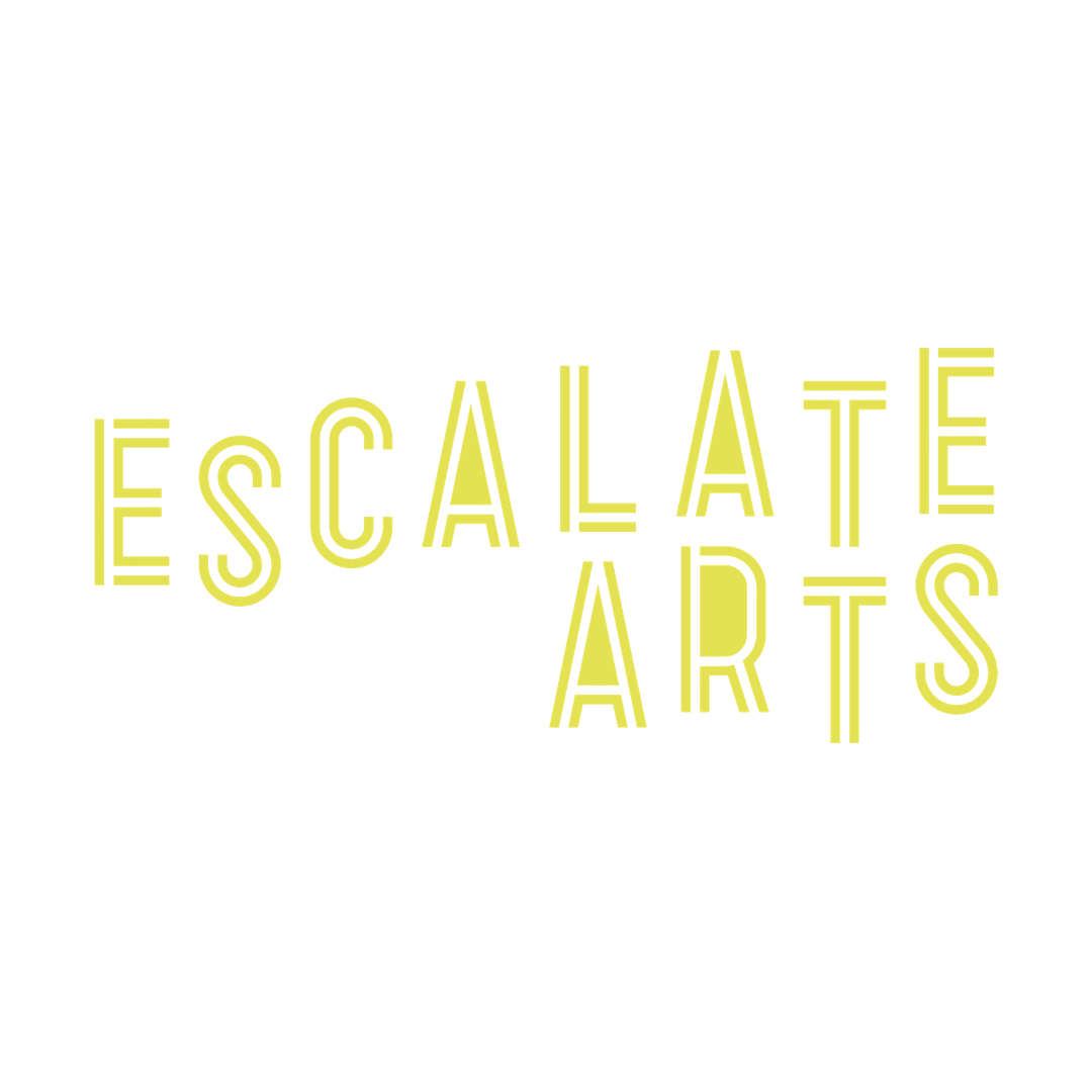 Escalate Arts logo featuring the organisation name in bold yellow inline display capitals stacked across two lines on a black background, with a decorative striped effect within each letterform