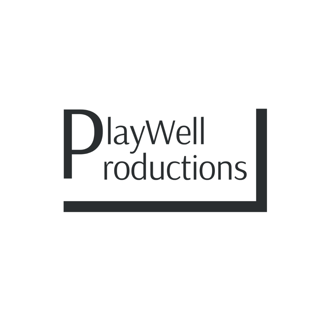PlayWell Productions logo featuring the organisation name in grey serif and sans-serif type with an oversized P, framed by a partial rectangular border suggesting a stage or screen