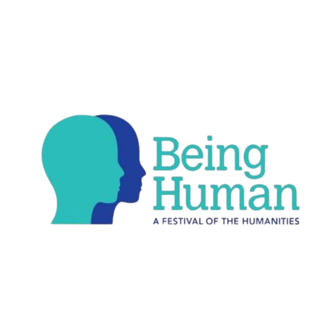 Being Human: A Festival of the Humanities logo featuring two overlapping human head silhouettes in teal and dark blue facing right, alongside the festival name in teal serif type with the subtitle in smaller spaced capitals