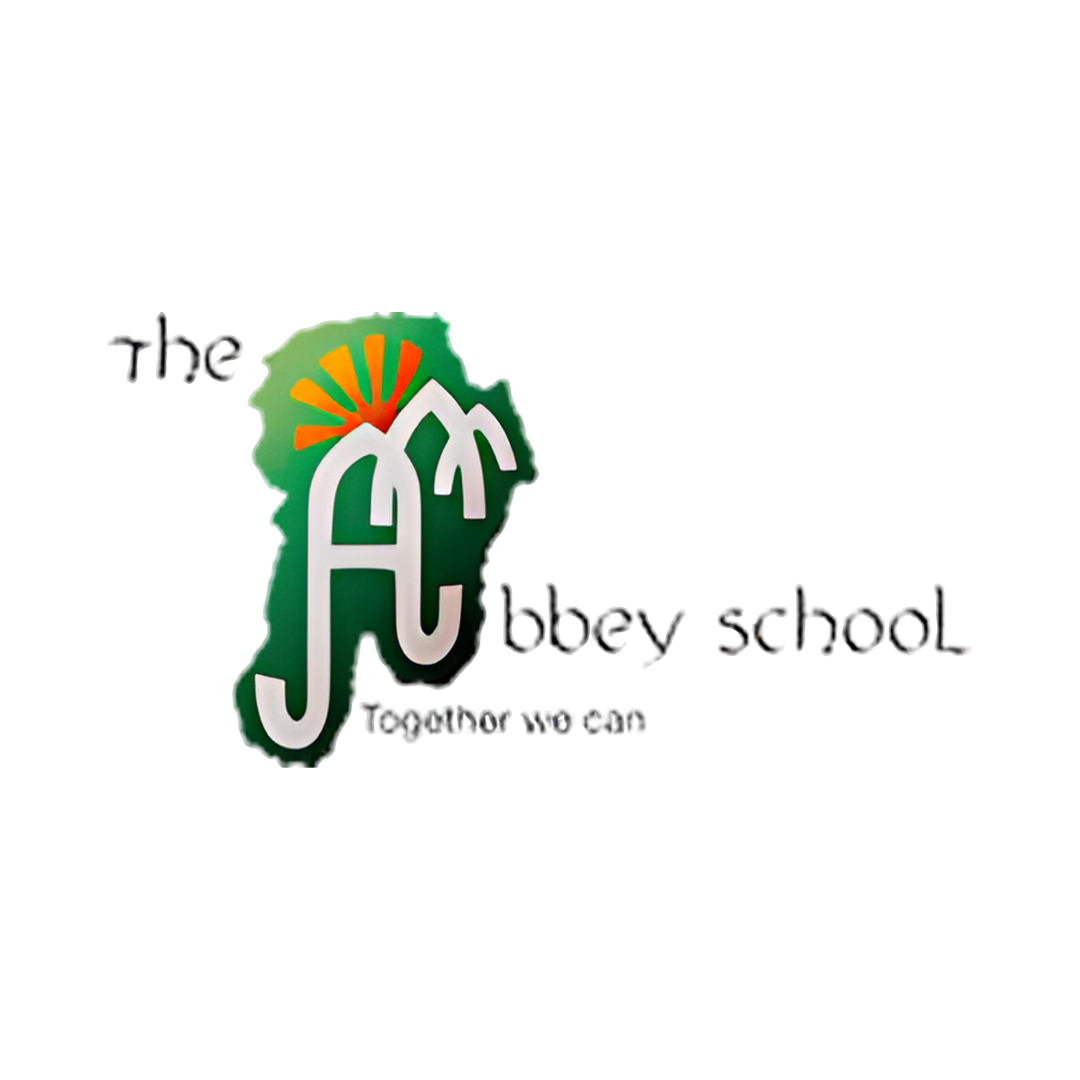 The Abbey School logo featuring a stylised green shield shape with white Gothic arch letterforms and an orange sunburst, alongside the school name and tagline Together We Can in grey script