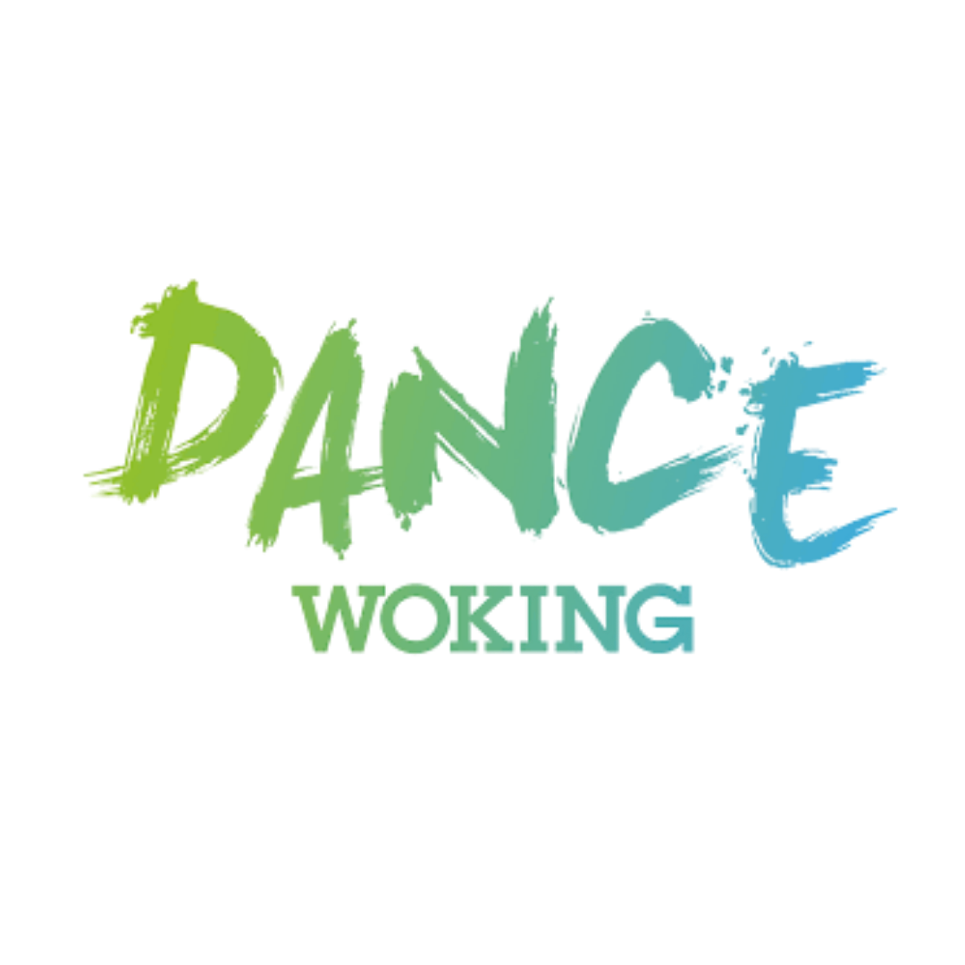 Dance Woking logo featuring the word DANCE in large textured brush-script with a green to blue gradient, and WOKING in smaller bold capitals beneath in green