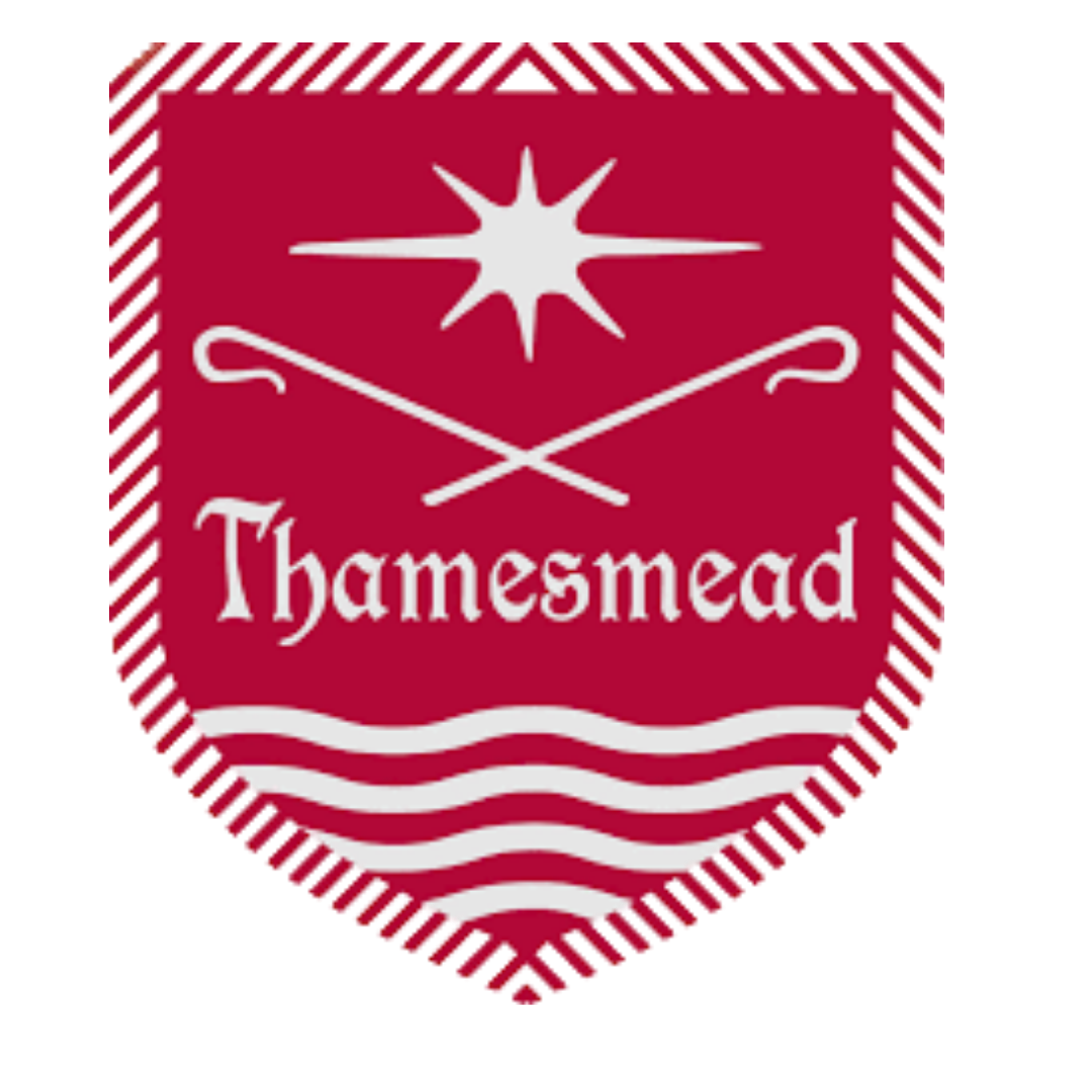Thamesmead school crest featuring a crimson shield with a white eight-pointed star, two crossed shepherd's crooks, the school name in white Gothic script, and wavy lines at the base representing water
