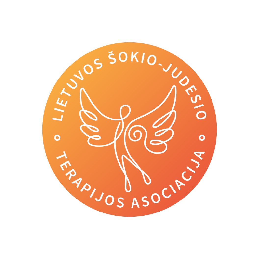 Lietuvos Šokio-Judesio Terapijos Asociacija logo featuring a continuous line drawing of a winged dancing figure at the centre of an orange gradient circle, with the organisation name in capitals arranged around the border