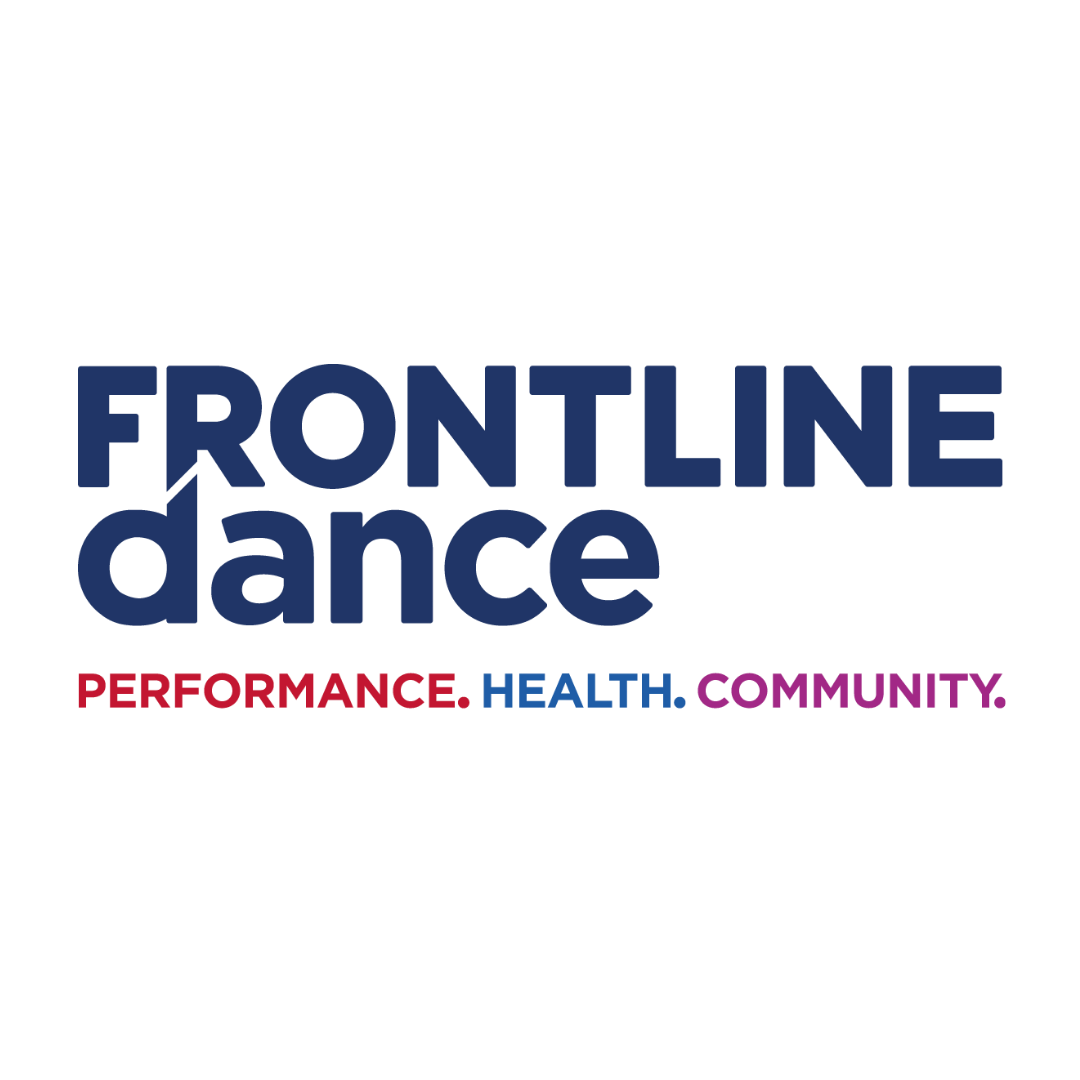 Frontline Dance logo featuring FRONTLINE in bold navy capitals above dance in larger lowercase navy type, with the tagline Performance. Health. Community. beneath in red, blue and pink