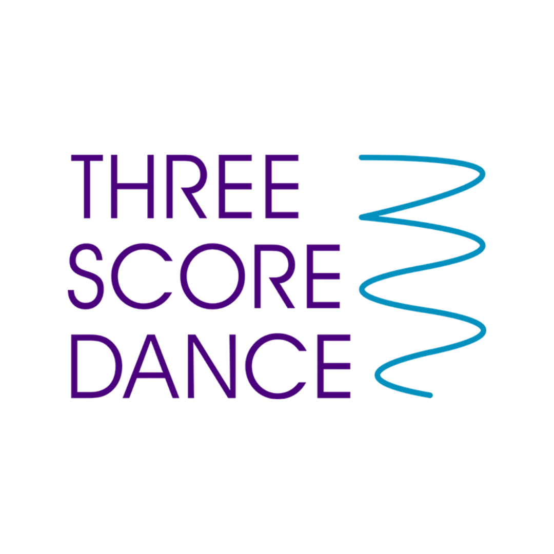 Three Score Dance logo featuring the organisation name in bold purple sans-serif capitals stacked across three lines, alongside a continuous teal zigzag line suggesting fluid movement