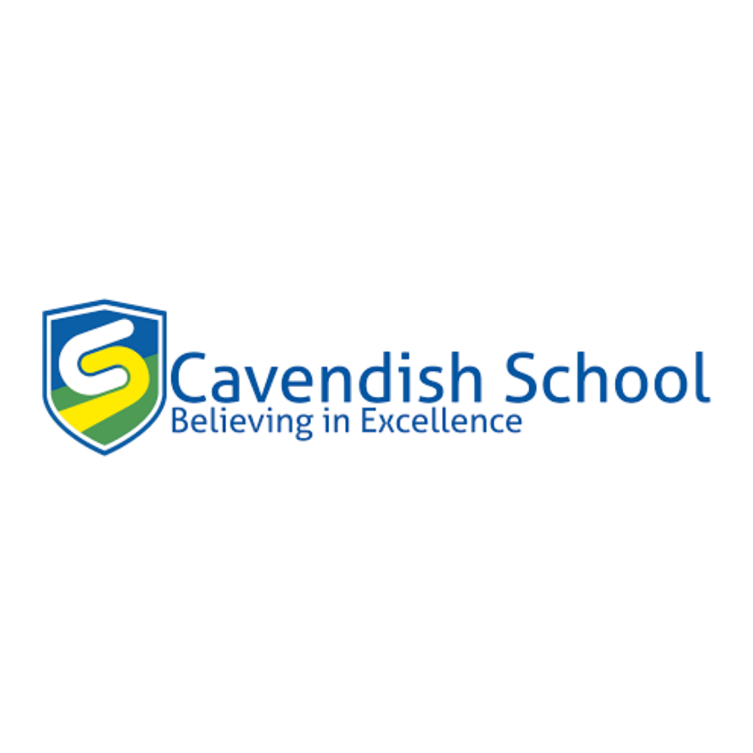 Cavendish School logo featuring a shield crest in blue, green and yellow with a stylised letter S, alongside the school name in blue sans-serif type with the tagline Believing in Excellence beneath