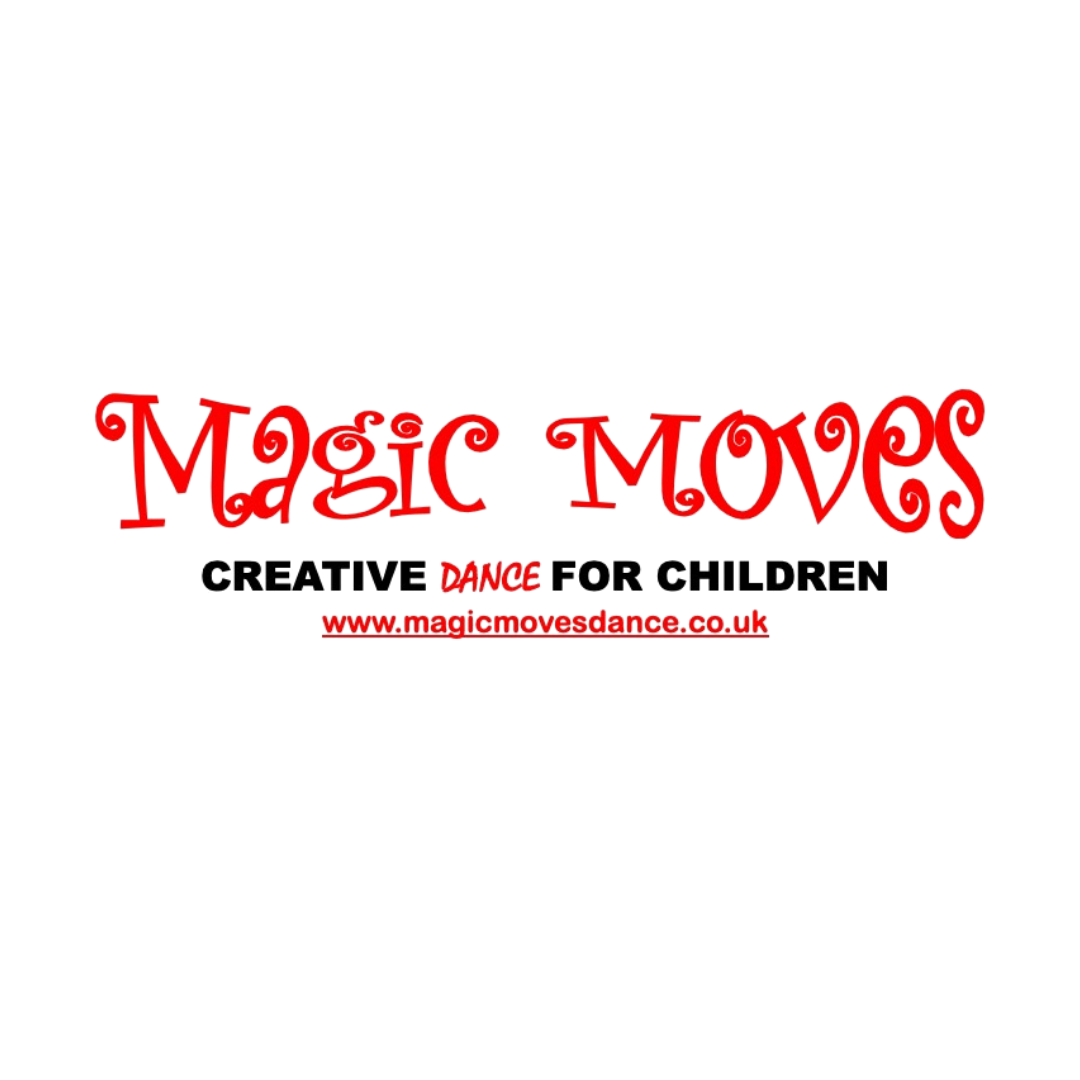 Magic Moves Dance logo featuring the organisation name in decorative red script with ornate swirling letterforms, with DANCE and the website address in smaller type beneath