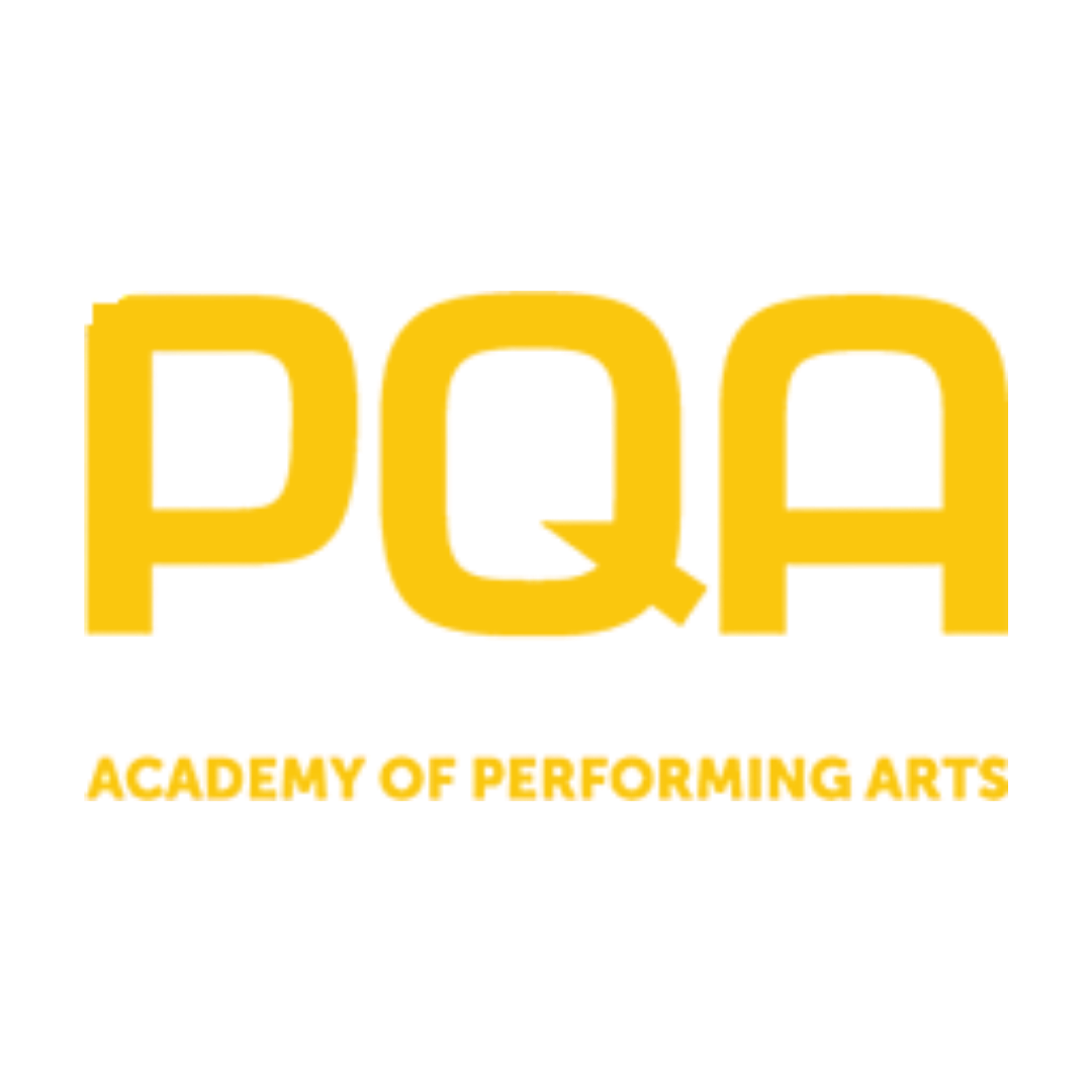 PQA Academy of Performing Arts logo featuring the bold yellow acronym PQA in large rounded capitals above the full name in smaller spaced yellow capitals, all on a black background