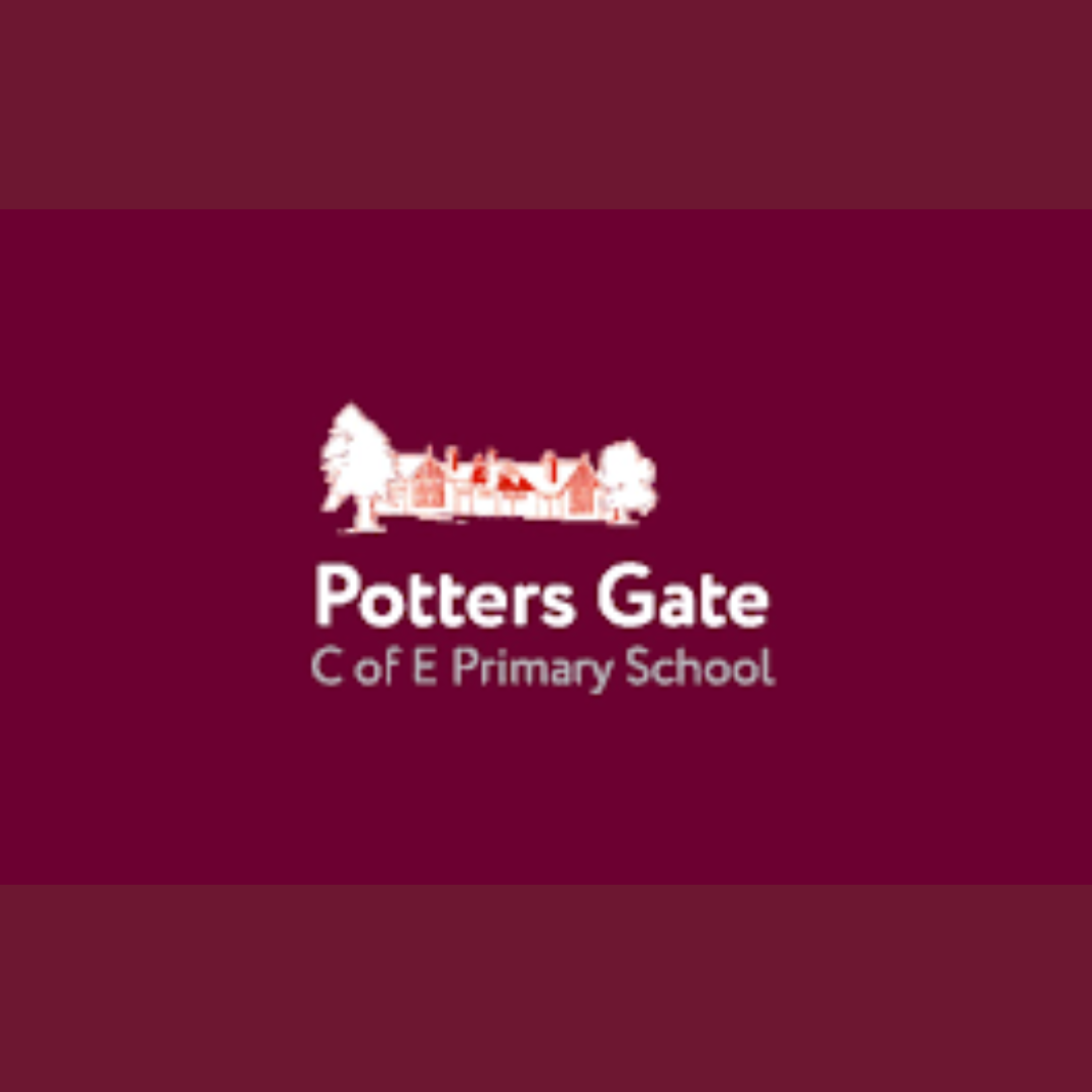 Potters Gate C of E Primary School logo featuring a white and red illustration of a school building flanked by trees, with the school name in white serif and sans-serif type on a deep crimson background