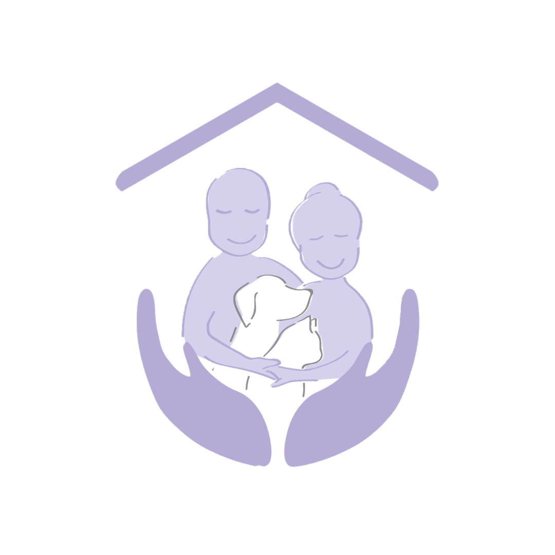 Elizabeth Court Rest Home logo featuring two lavender figures holding a dog framed by a pair of cupped hands and a rooftop outline above, all in soft purple tones suggesting warmth and care