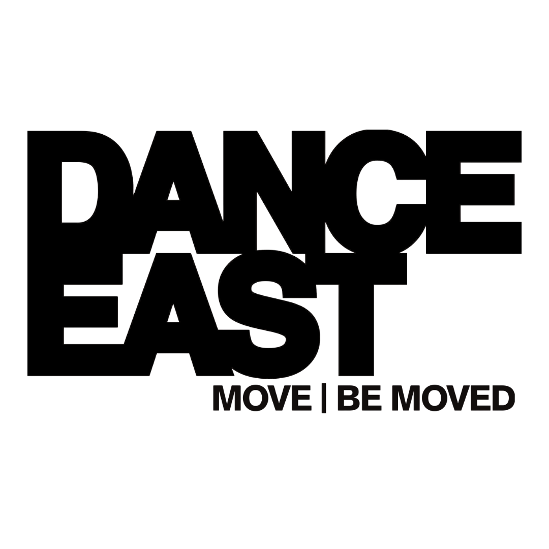 Dance East logo featuring the organisation name in large bold outline capitals stacked across two lines, with human figures visible within the letterforms, and the tagline Move | Be Moved in smaller type beneath