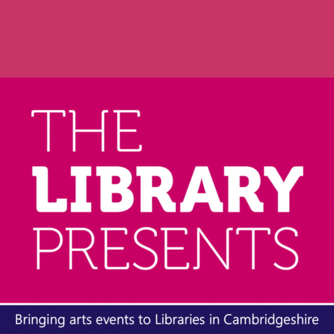 The Library Presents logo featuring the organisation name in bold and regular white sans-serif type on a vivid pink background, with the tagline Bringing arts events to Libraries in Cambridgeshire in a navy blue banner beneath