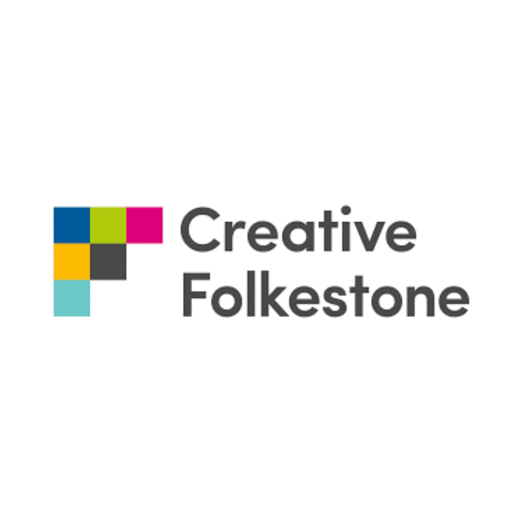Creative Folkestone logo featuring a grid of six coloured squares in blue, lime green, pink, orange, grey and teal forming a stylised letter F, alongside the organisation name in dark grey sans-serif type