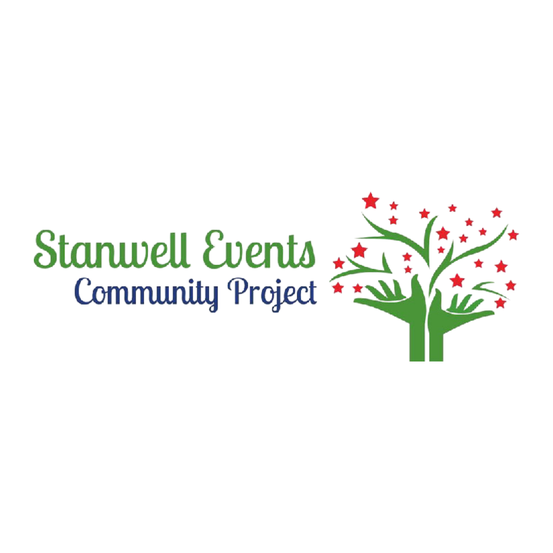 Stanwell Events Community Project logo featuring the organisation name in green and blue script type alongside an illustration of a green tree with red stars in place of leaves, its roots forming two cupped hands
