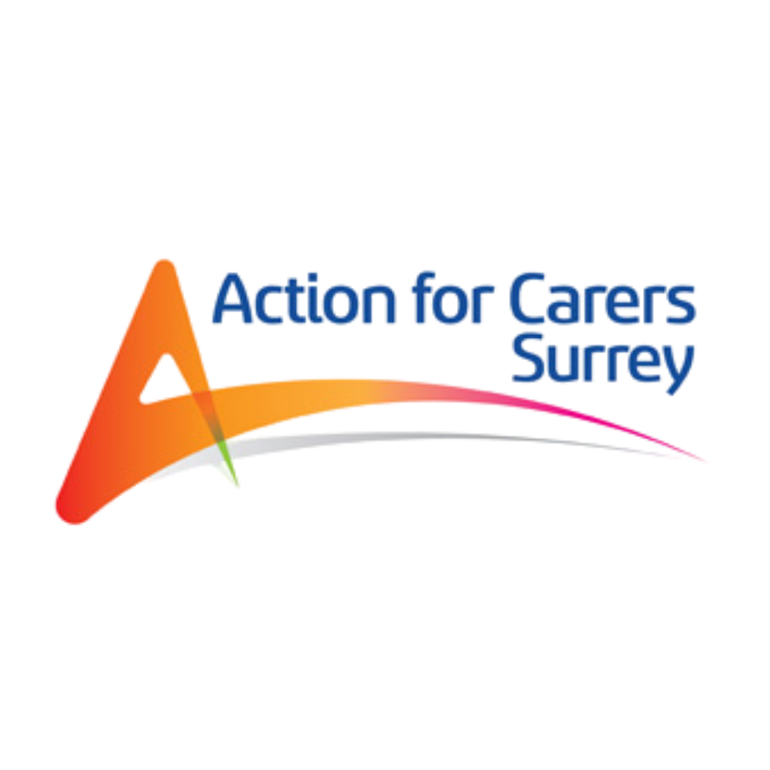 Action for Carers Surrey logo featuring a stylised orange and red letter A with a swooping multicoloured arc in orange, pink, white and green extending to the right, alongside the organisation name in blue text