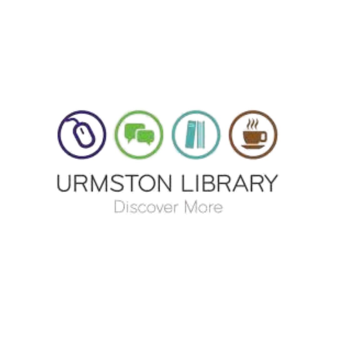 Urmston Library: Discover More logo featuring four coloured circles containing icons of a computer mouse, speech bubbles, books and a coffee cup, above the organisation name and tagline in dark grey sans-serif type