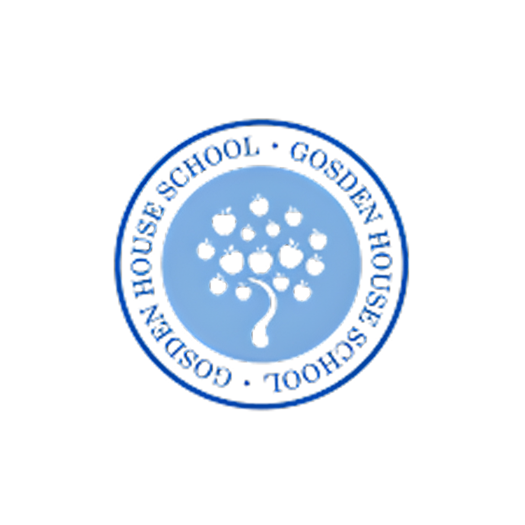 Gosden House School logo featuring a circular seal in blue with the school name around the border and a silhouette of an apple tree at the centre on a light blue background