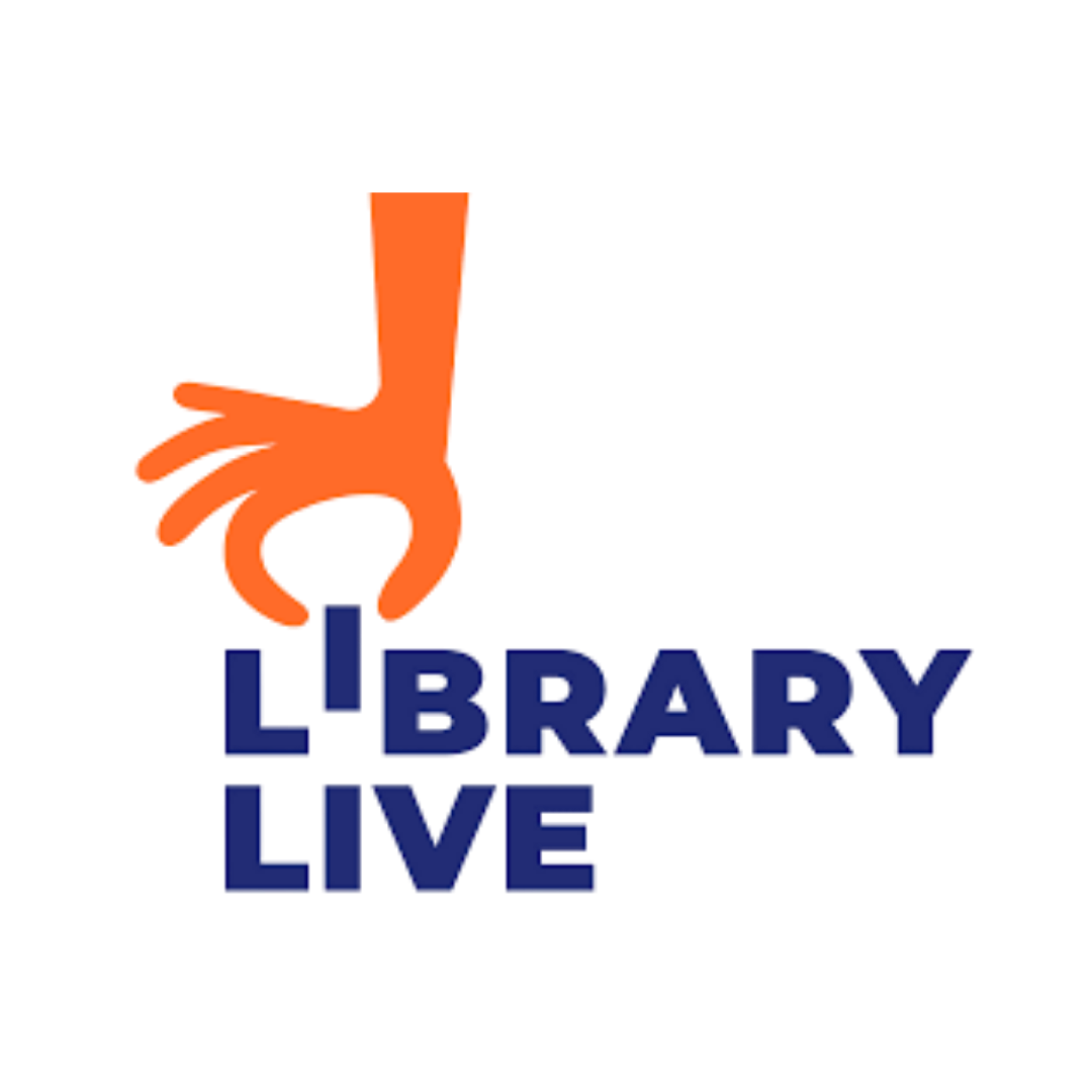 Library Live logo featuring an orange hand forming a shape that doubles as the letter I in LIBRARY, with the organisation name in bold navy blue capitals stacked across two lines beneath