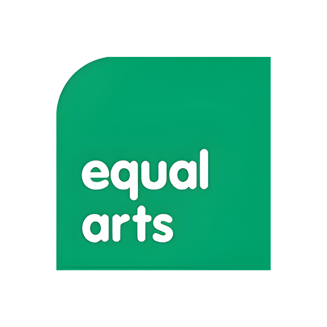 Equal Arts logo featuring the organisation name in white rounded sans-serif lowercase type on a green square, with a distinctive curved cut-out in the top-left corner