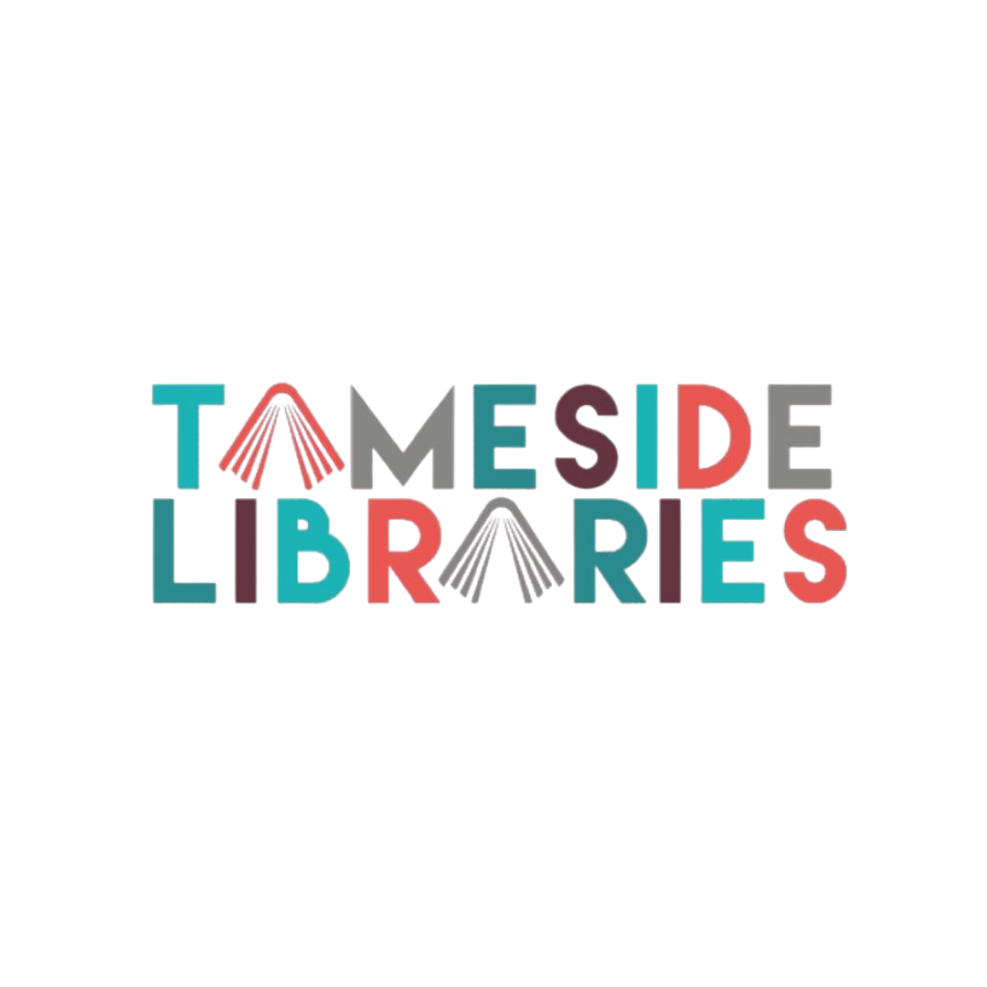 Tameside Libraries logo featuring the organisation name in mixed teal, coral and grey bold capitals, with open book illustrations replacing the letter A in both TAMESIDE and LIBRARIES