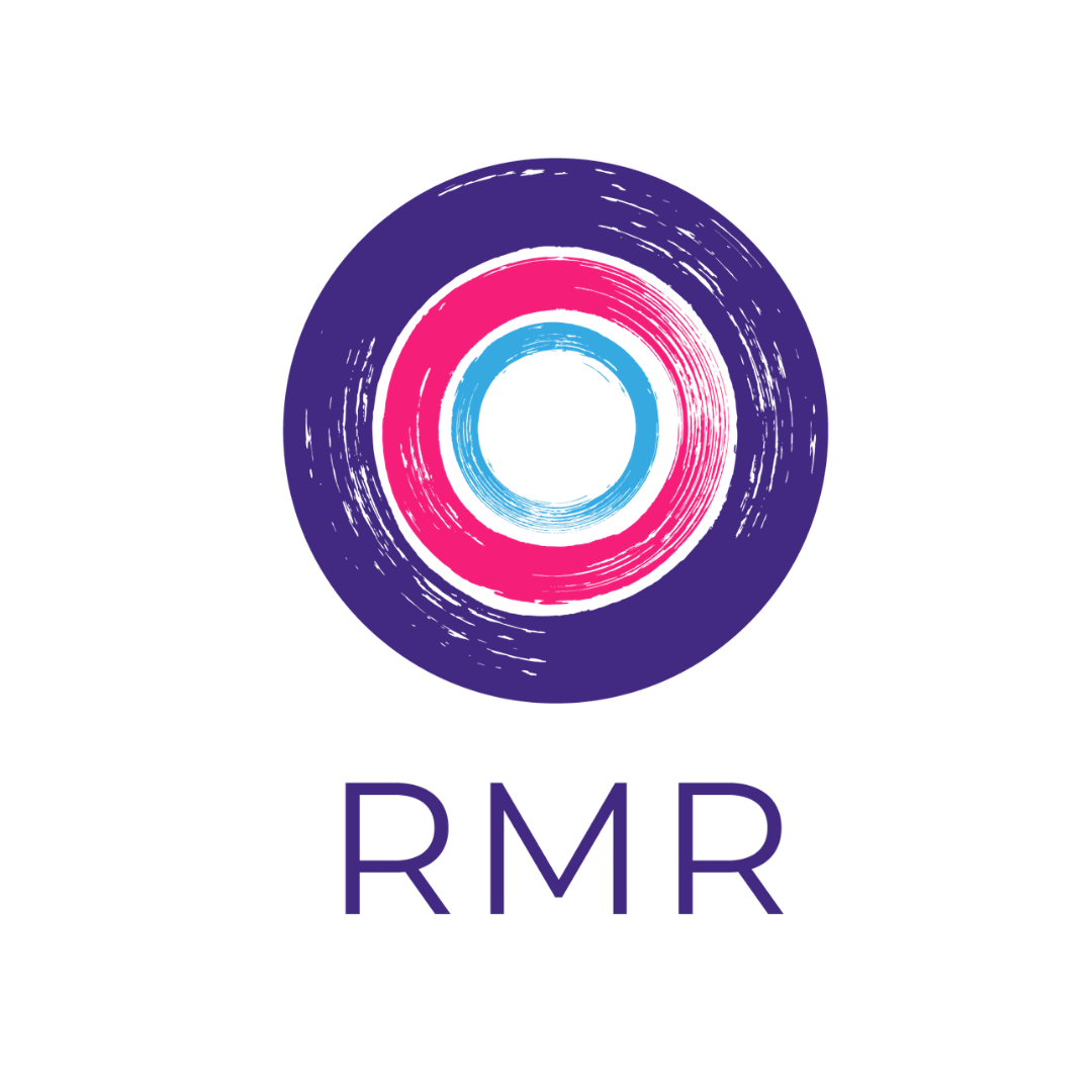 RMR logo featuring concentric hand-drawn circles in purple, pink and blue suggesting a vinyl record or speaker, with the acronym in purple sans-serif capitals beneath