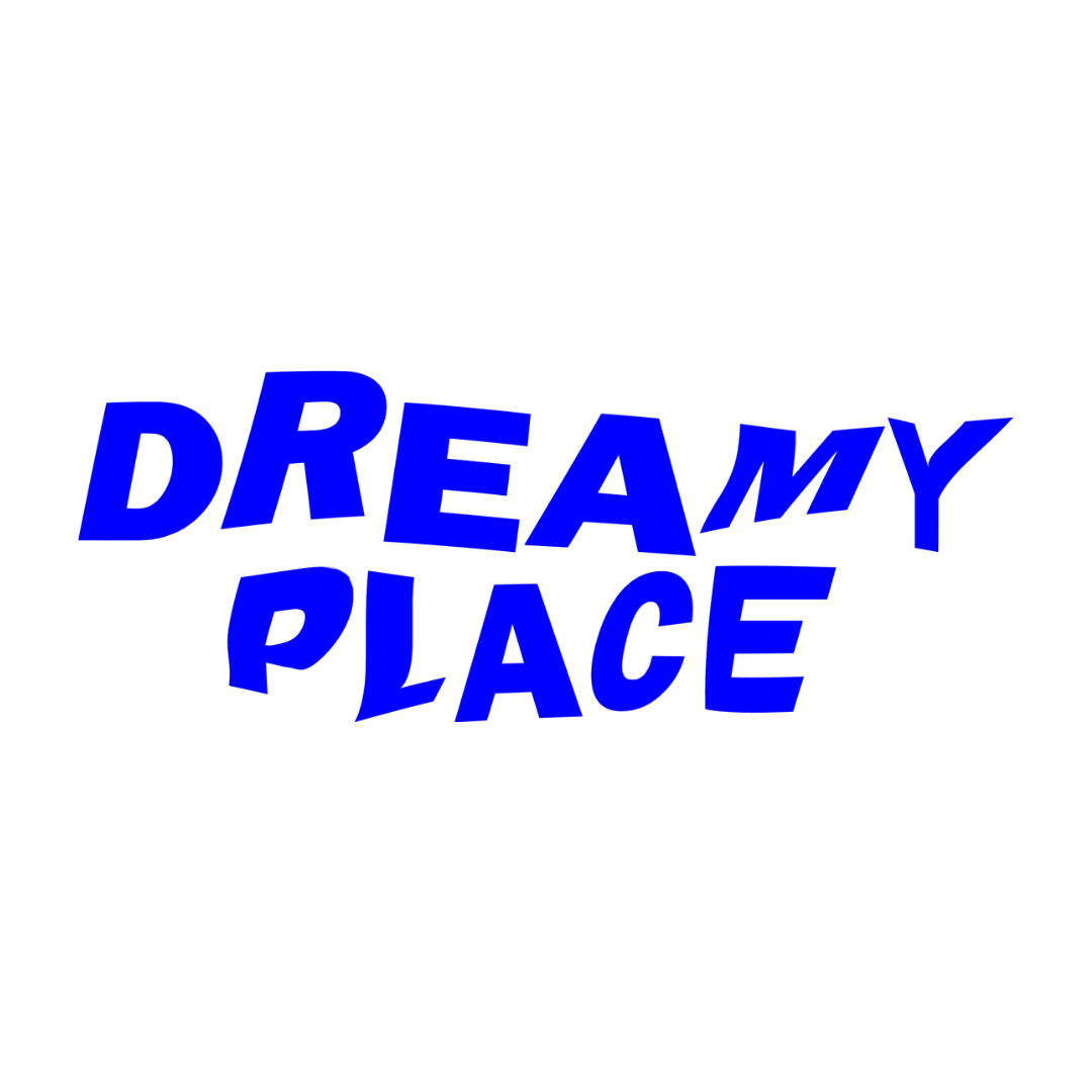 Dreamy Place logo featuring the organisation name in bold blue irregular display capitals with a playful hand-drawn quality, stacked across two lines at a slight angle