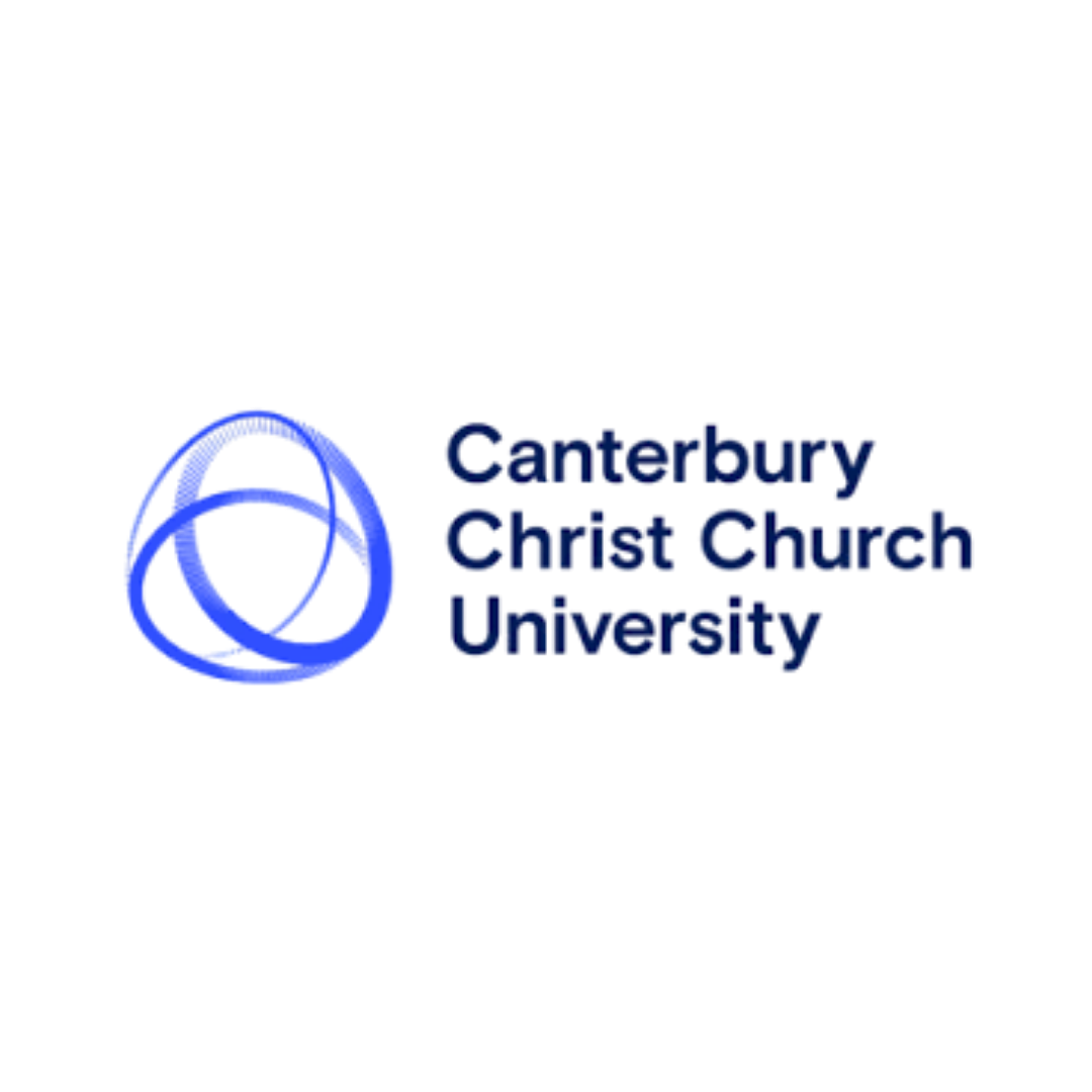 Canterbury Christ Church University logo featuring three interlocking blue rings forming a spherical knot symbol, alongside the university name in navy blue sans-serif type